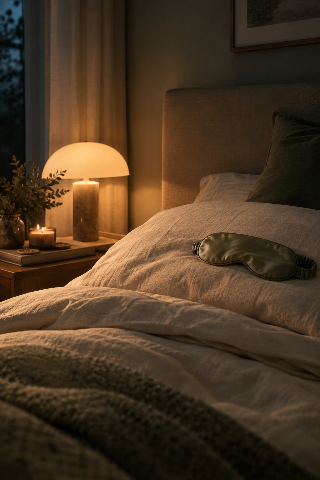 Home wellness — aroma diffuser glowing on a coffee table in a cozy living room