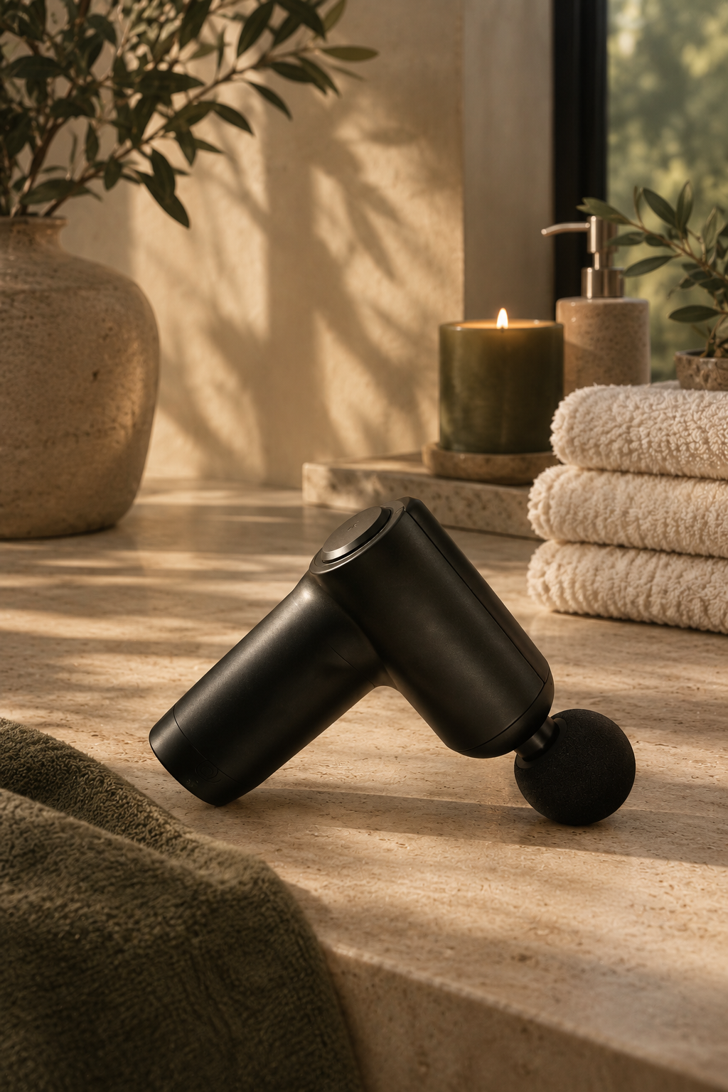 Recovery — massage gun on a spa-like stone counter